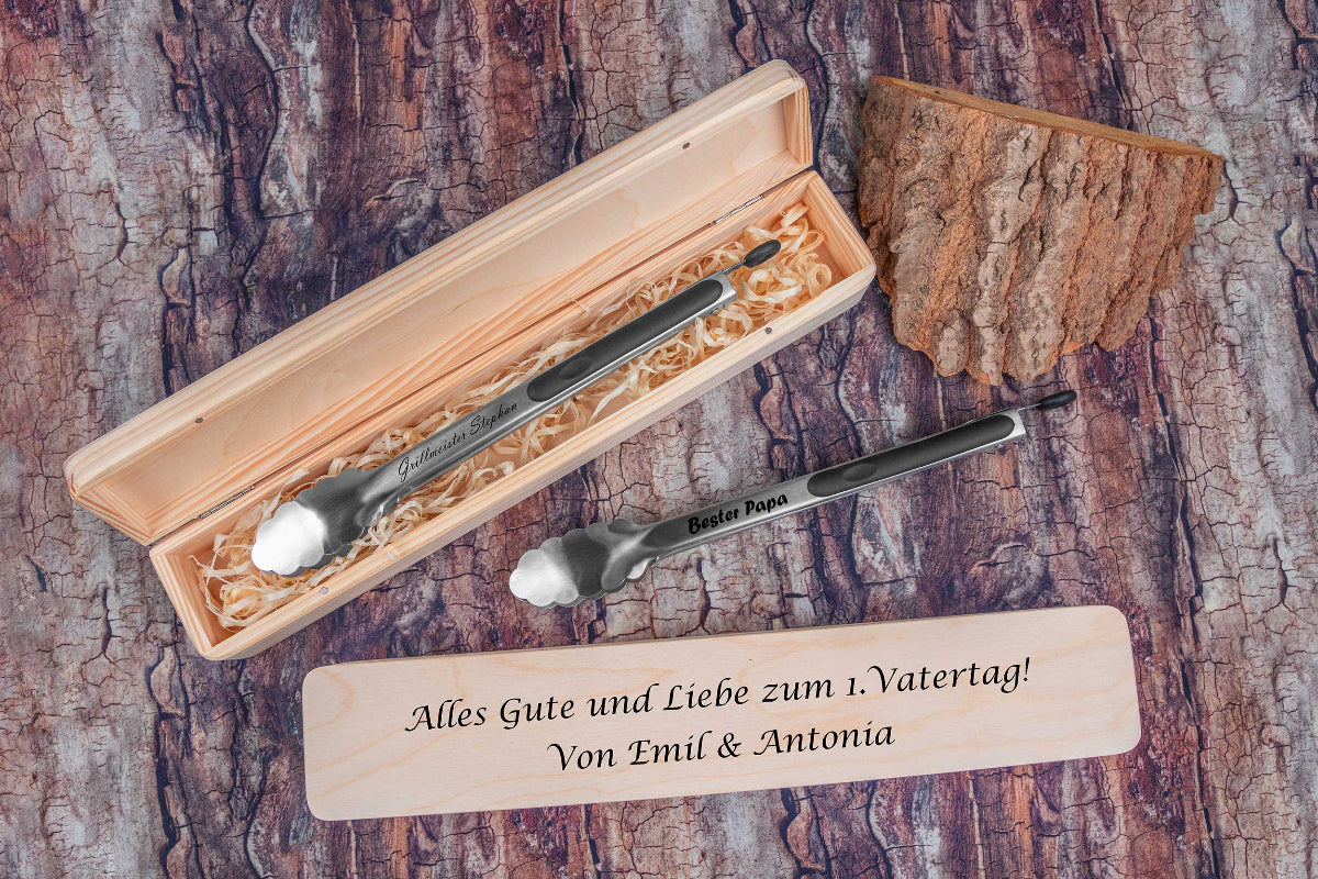 Personalisierte Grillzange aus Edelstahl mit passender Geschenkbox