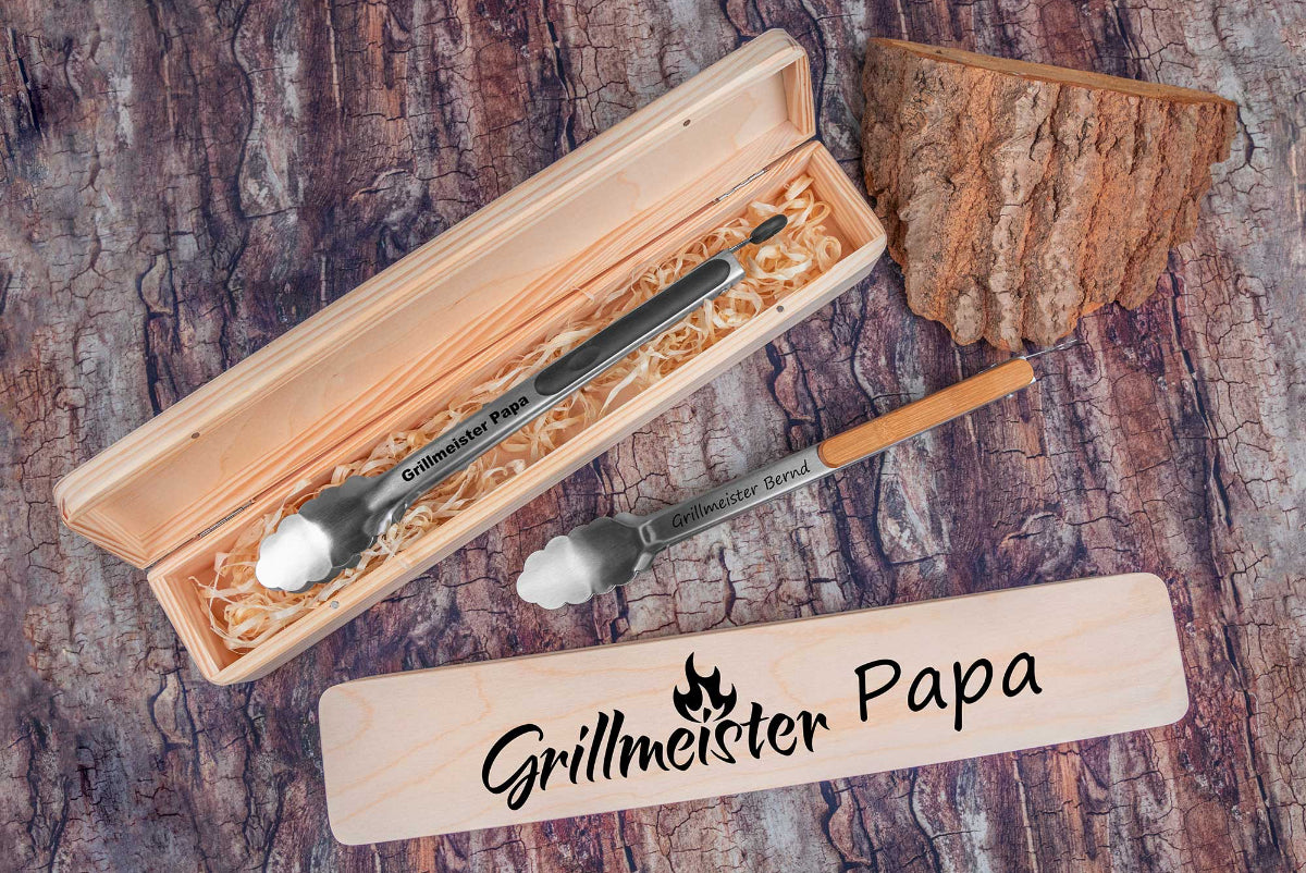 Personalisierte Grillzange aus Edelstahl mit passender Geschenkbox