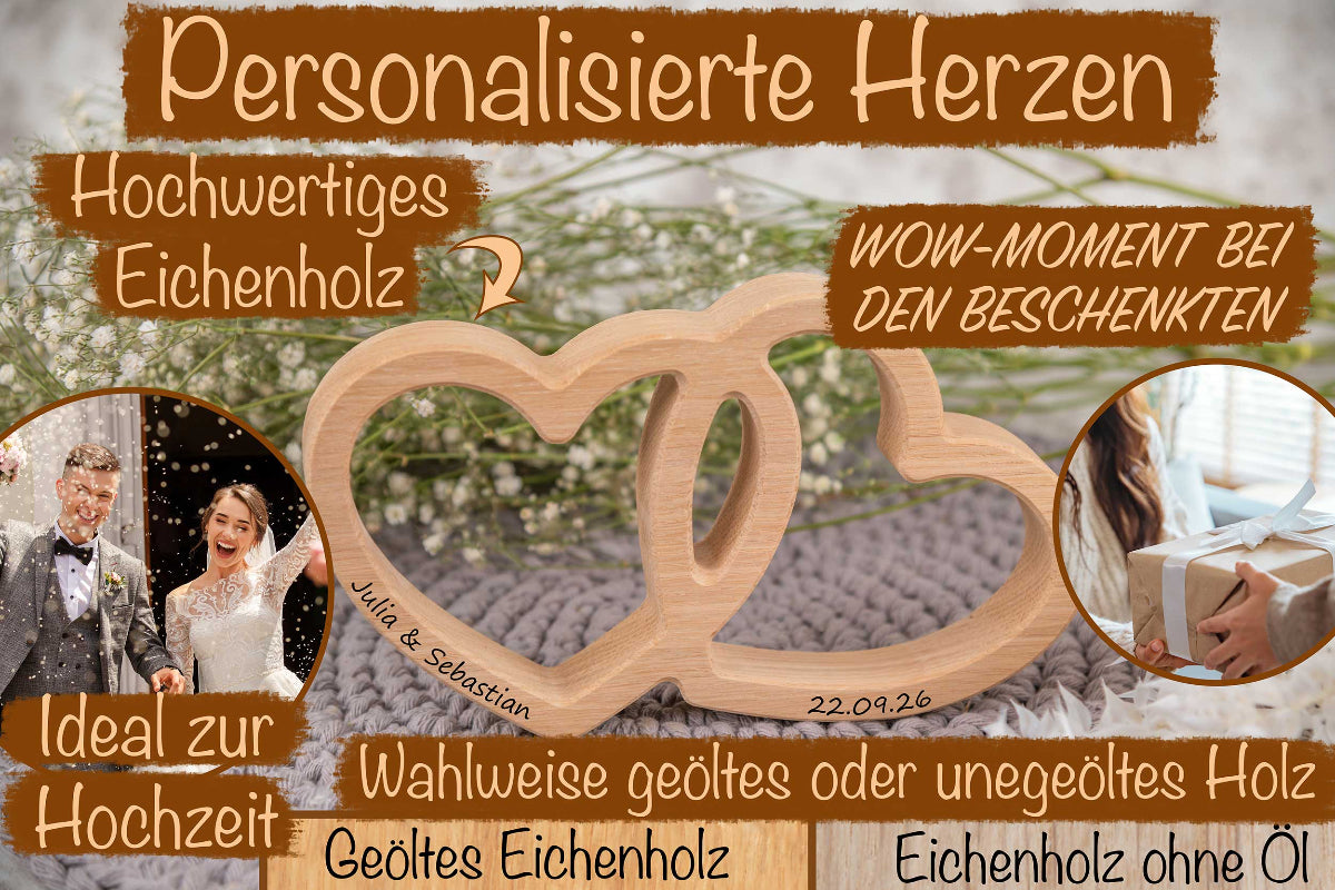 Personalisiertes Hochzeitsgeschenk mit Gravur • Herz aus Eichenholz