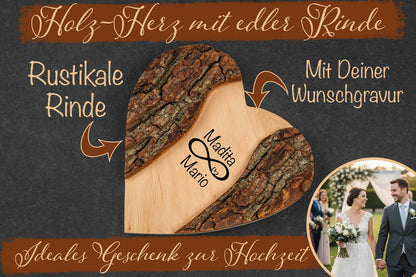 Personalisiertes Holz Herz rustikal mit Gravur und edler Rinde