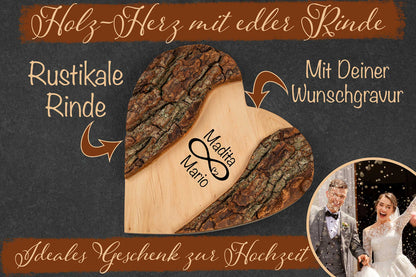 Personalisiertes Holz Herz rustikal mit Gravur und edler Rinde