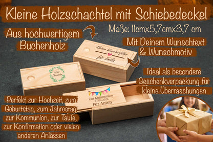 Kleine Holzschatulle mit Schiebedeckel personalisiert mit Deinem Wunschtext - bunt