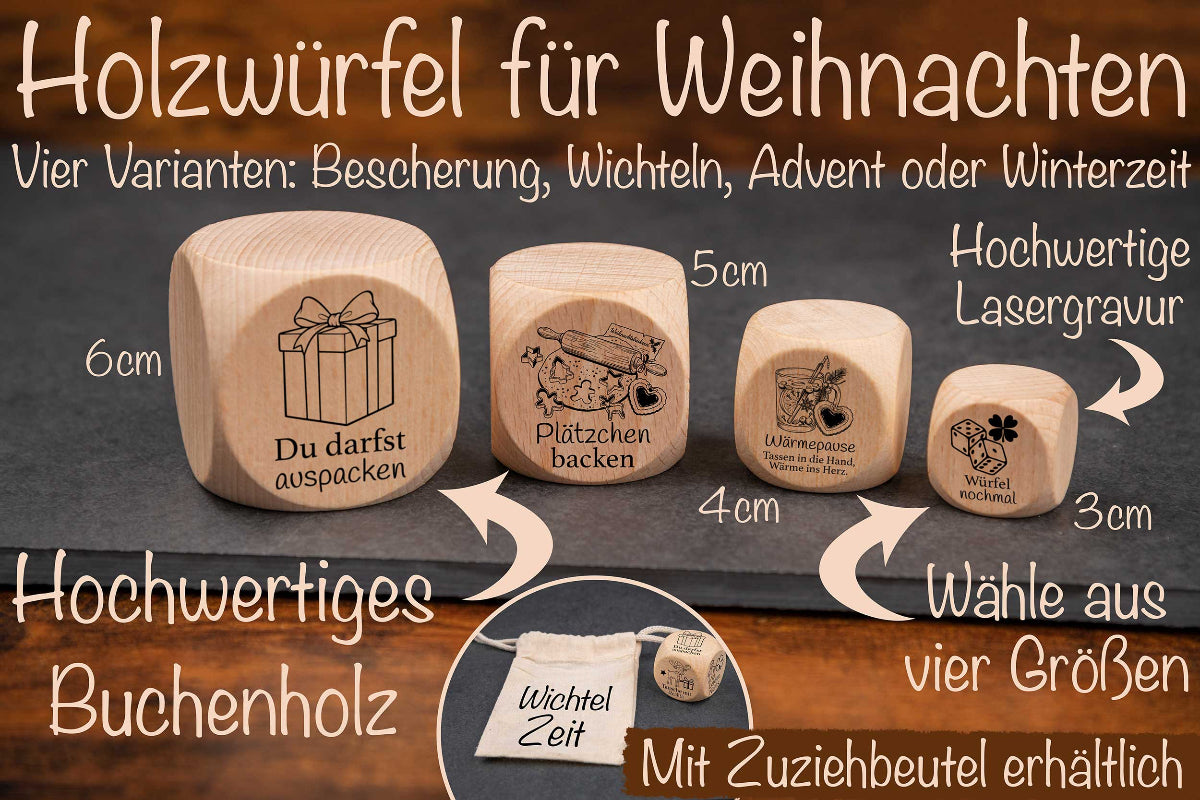 Wichtelwürfel passend für Advent und Weihnachten mit Gravur
