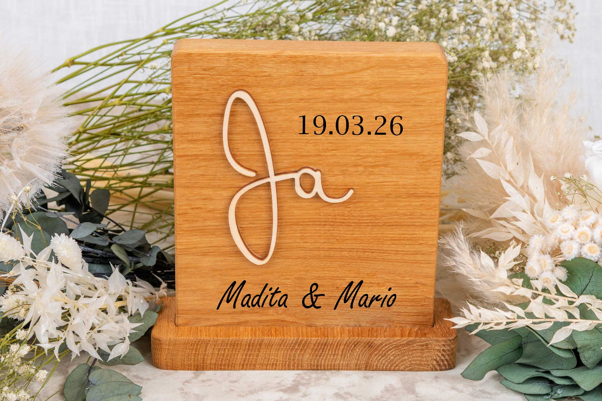 Personalisiertes Hochzeitsgeschenk aus Eichenholz • Hochzeitsschild Ja