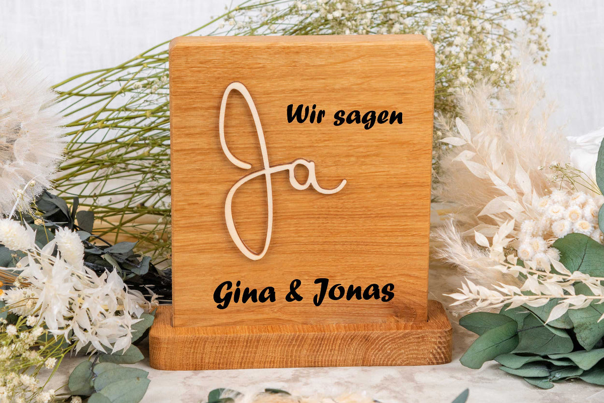 Personalisiertes Hochzeitsgeschenk aus Eichenholz • Hochzeitsschild Ja
