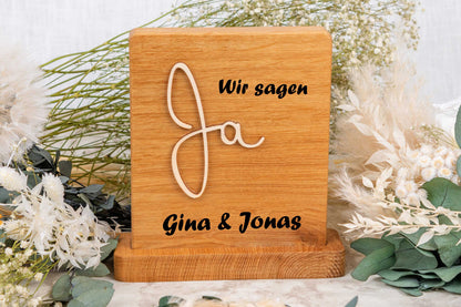 Personalisiertes Hochzeitsgeschenk aus Eichenholz • Hochzeitsschild Ja