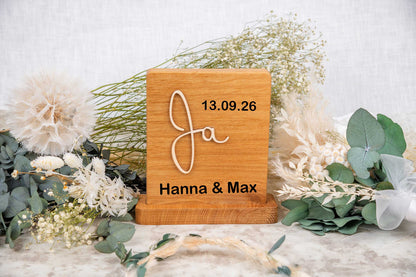 Personalisiertes Hochzeitsgeschenk aus Eichenholz • Hochzeitsschild Ja