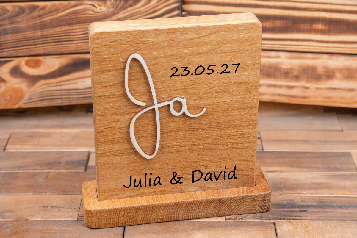 Personalisiertes Hochzeitsgeschenk aus Eichenholz • Hochzeitsschild Ja