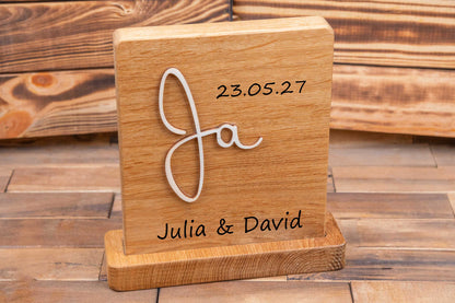 Personalisiertes Hochzeitsgeschenk aus Eichenholz • Hochzeitsschild Ja