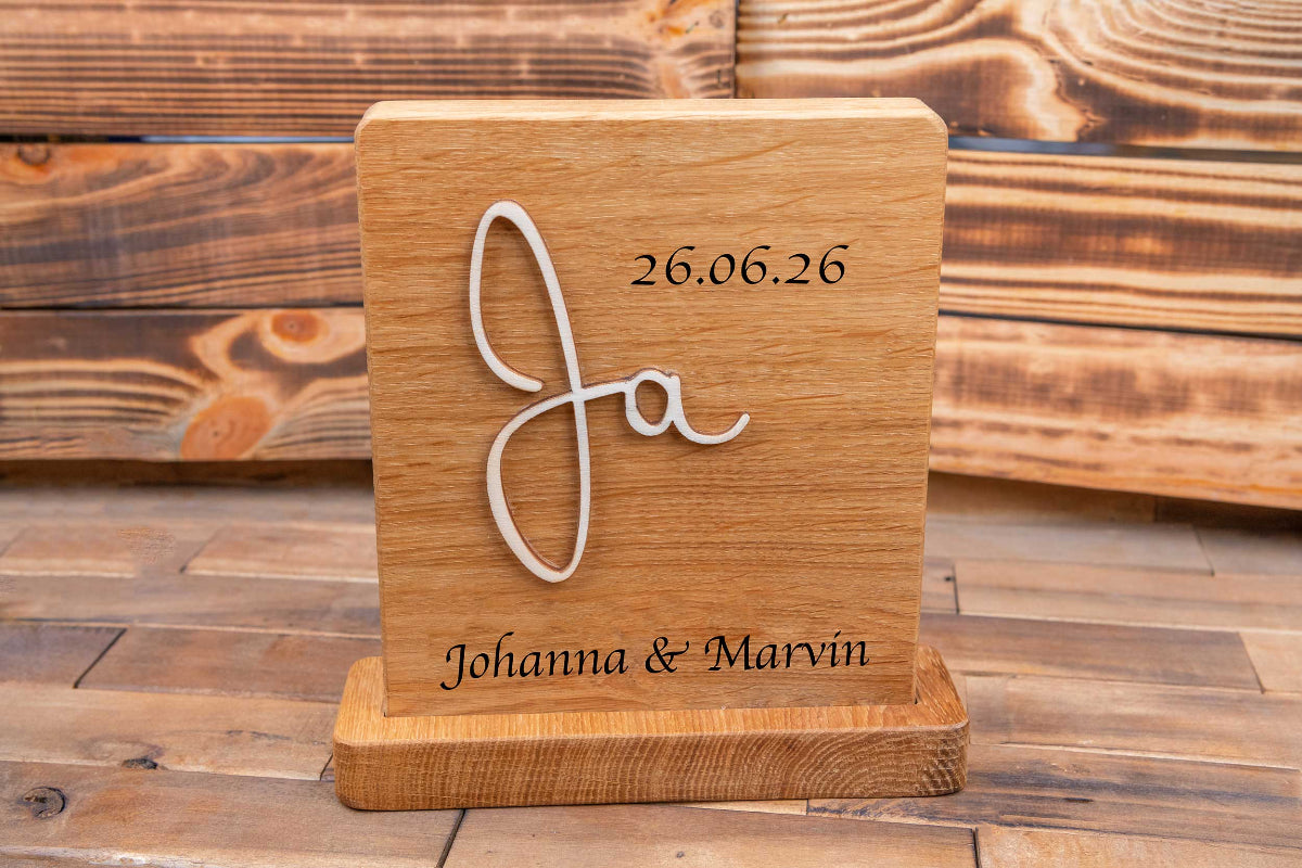 Personalisiertes Hochzeitsgeschenk aus Eichenholz • Hochzeitsschild Ja