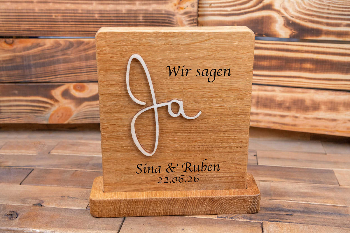 Personalisiertes Hochzeitsgeschenk aus Eichenholz • Hochzeitsschild Ja