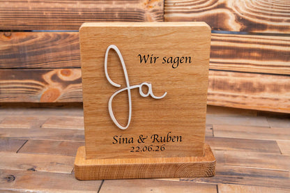 Personalisiertes Hochzeitsgeschenk aus Eichenholz • Hochzeitsschild Ja