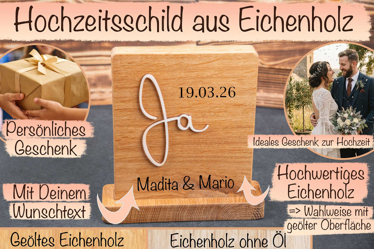 Personalisiertes Hochzeitsgeschenk aus Eichenholz • Hochzeitsschild Ja