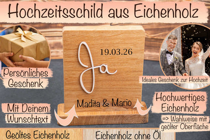 Personalisiertes Hochzeitsgeschenk aus Eichenholz • Hochzeitsschild Ja