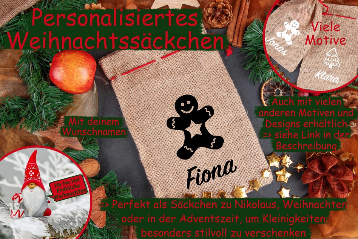 Personalisierter Nikolaussack mit Namen aus Jute mit Lebkuchenmann