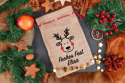 Weihnachtssack personalisiert mit Namen aus Jute mit Rentier