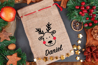 Weihnachtssack personalisiert mit Namen aus Jute mit Rentier