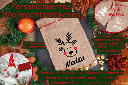 Weihnachtssack personalisiert mit Namen aus Jute mit Rentier