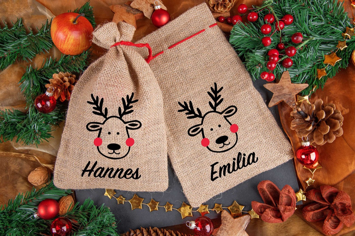 Weihnachtssack personalisiert mit Namen aus Jute mit Rentier