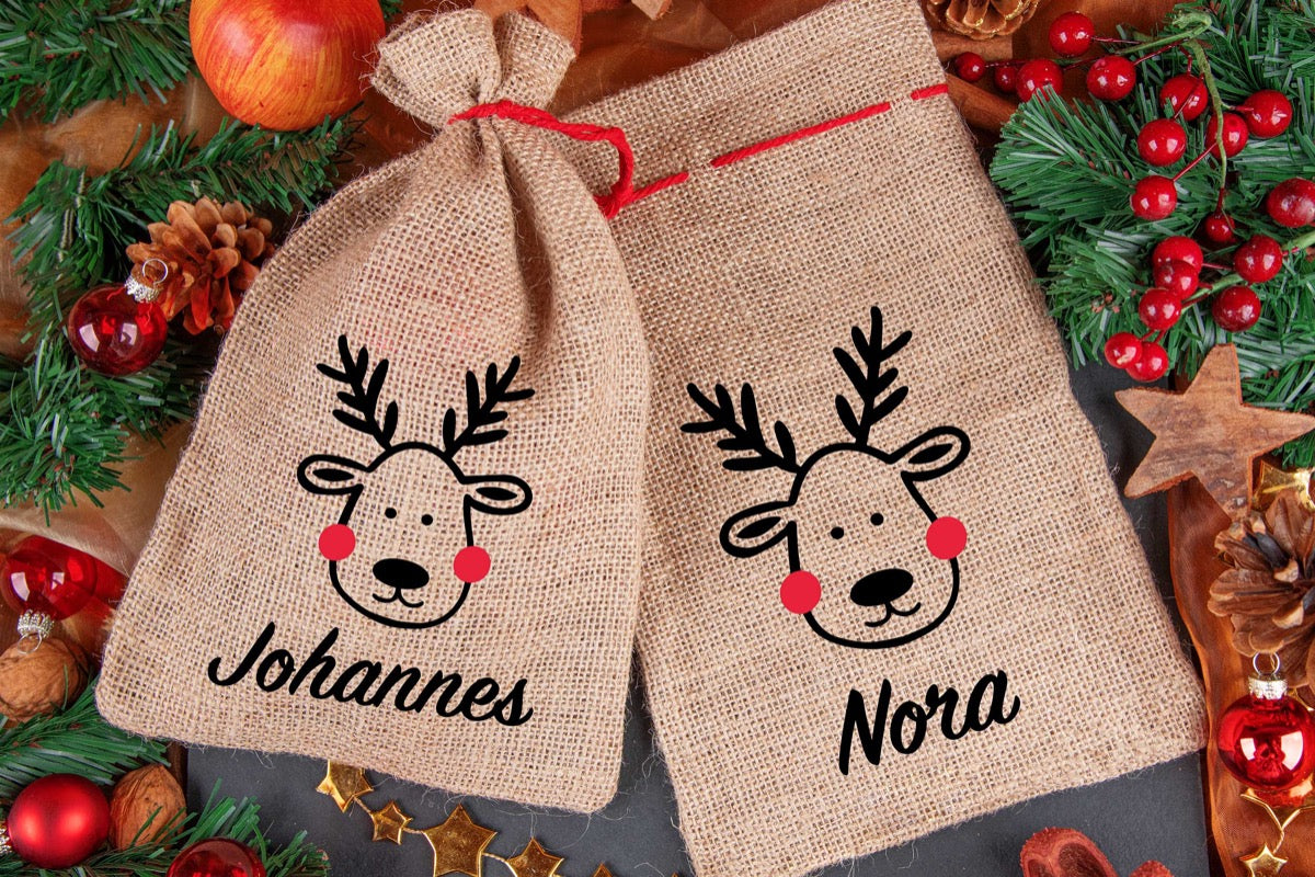 Weihnachtssack personalisiert mit Namen aus Jute mit Rentier