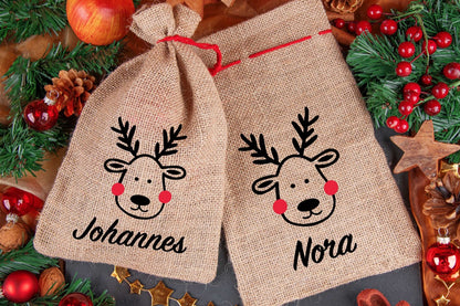 Weihnachtssack personalisiert mit Namen aus Jute mit Rentier