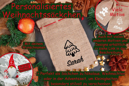 Personalisierter Weihnachtssack mit Namen aus Jute mit Tannenbaum