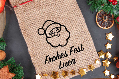 Personalisierter Weihnachtssack mit Namen aus Jute mit Weihnachtsmann