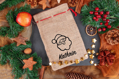 Personalisierter Weihnachtssack mit Namen aus Jute mit Weihnachtsmann