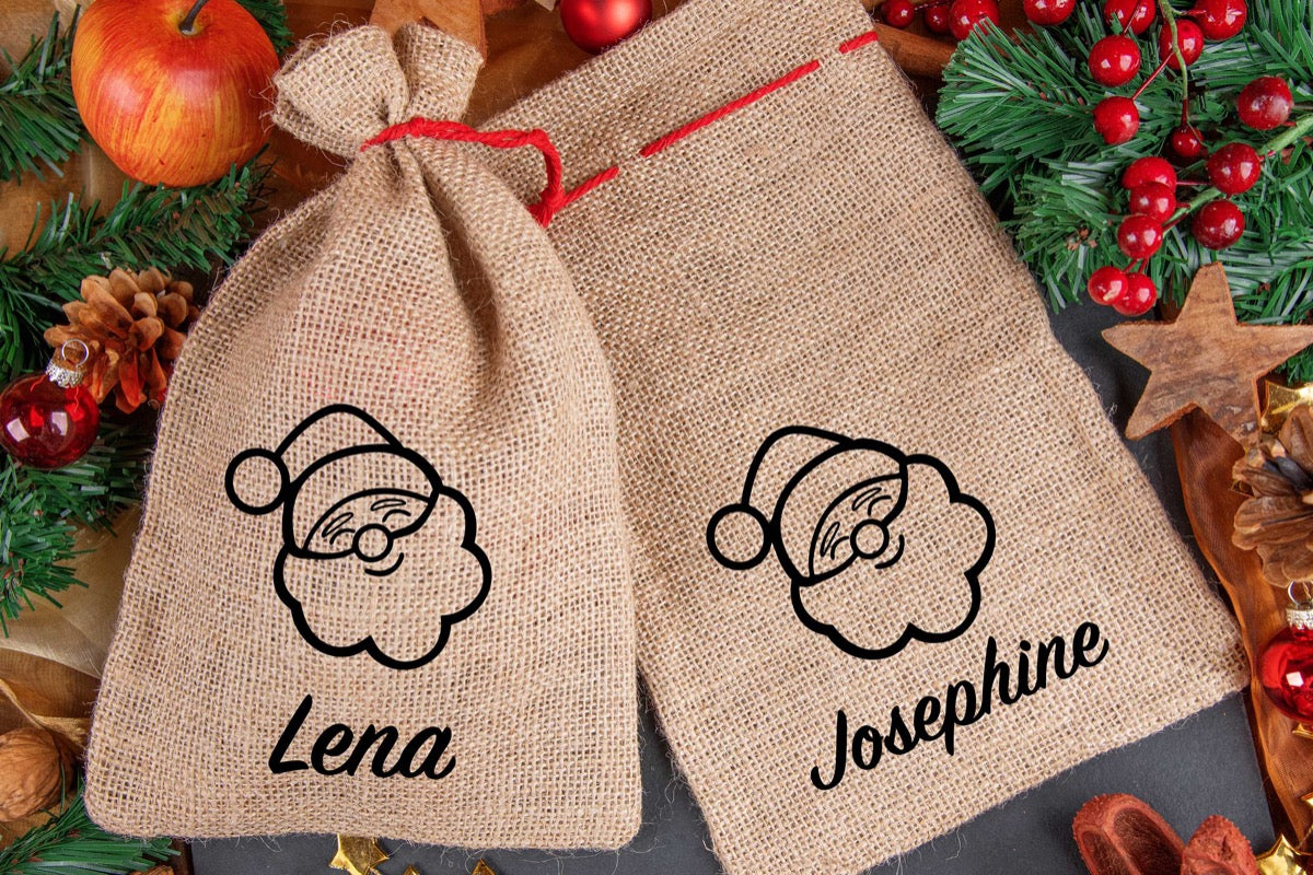 Personalisierter Weihnachtssack mit Namen aus Jute mit Weihnachtsmann