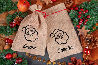 Personalisierter Weihnachtssack mit Namen aus Jute mit Weihnachtsmann