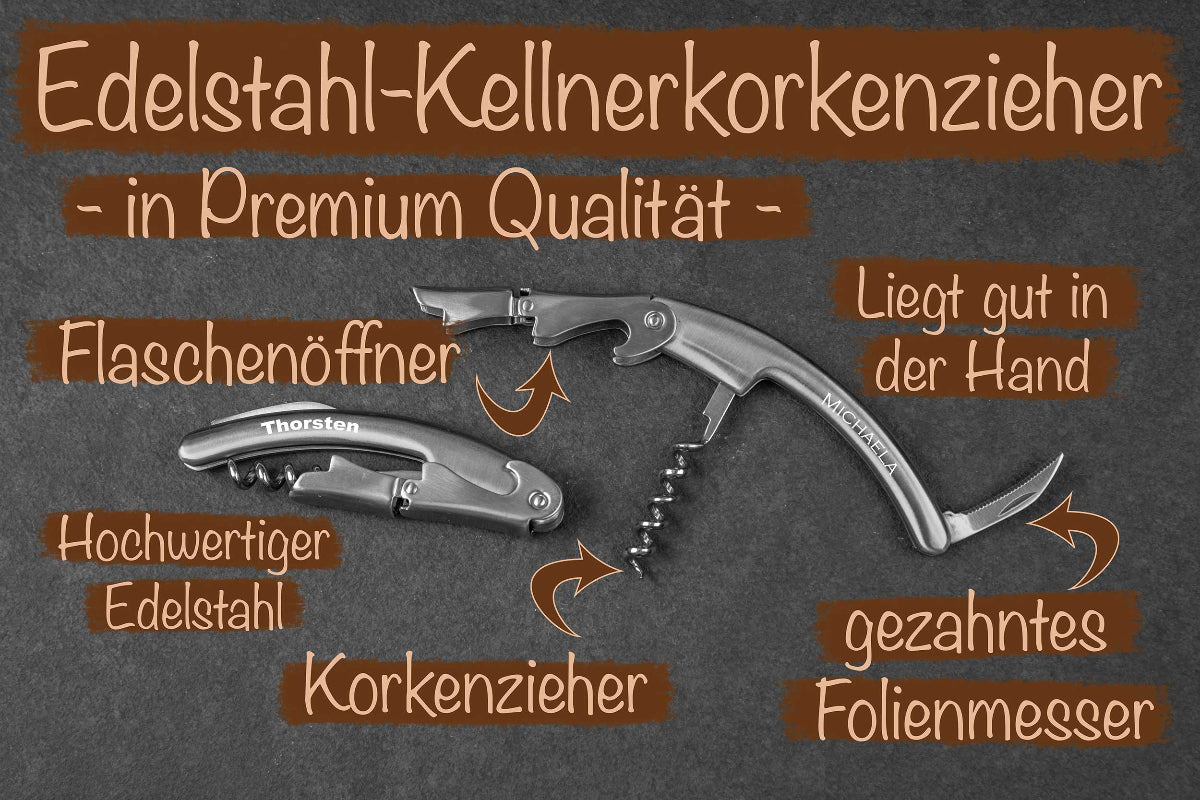 Premium Kellnermesser personalisiert mit Gravur aus Edelstahl