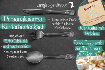 Personalisiertes Kinderbesteck mit bunter Holzbox und Gravur 3-teilig
