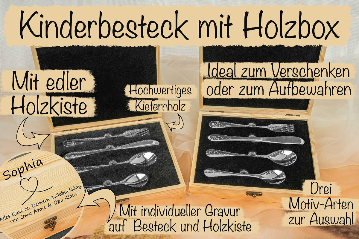 Kinderbesteck personalisiert mit Name und schicker Holzbox
