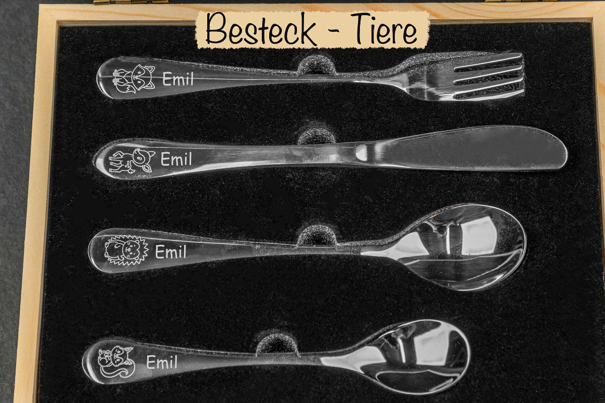 Kinderbesteck personalisiert mit Name und schicker Holzbox bunt