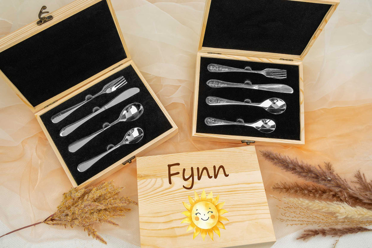Kinderbesteck personalisiert mit Name und schicker Holzbox bunt