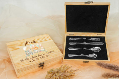 Kinderbesteck personalisiert mit Name und schicker Holzbox bunt