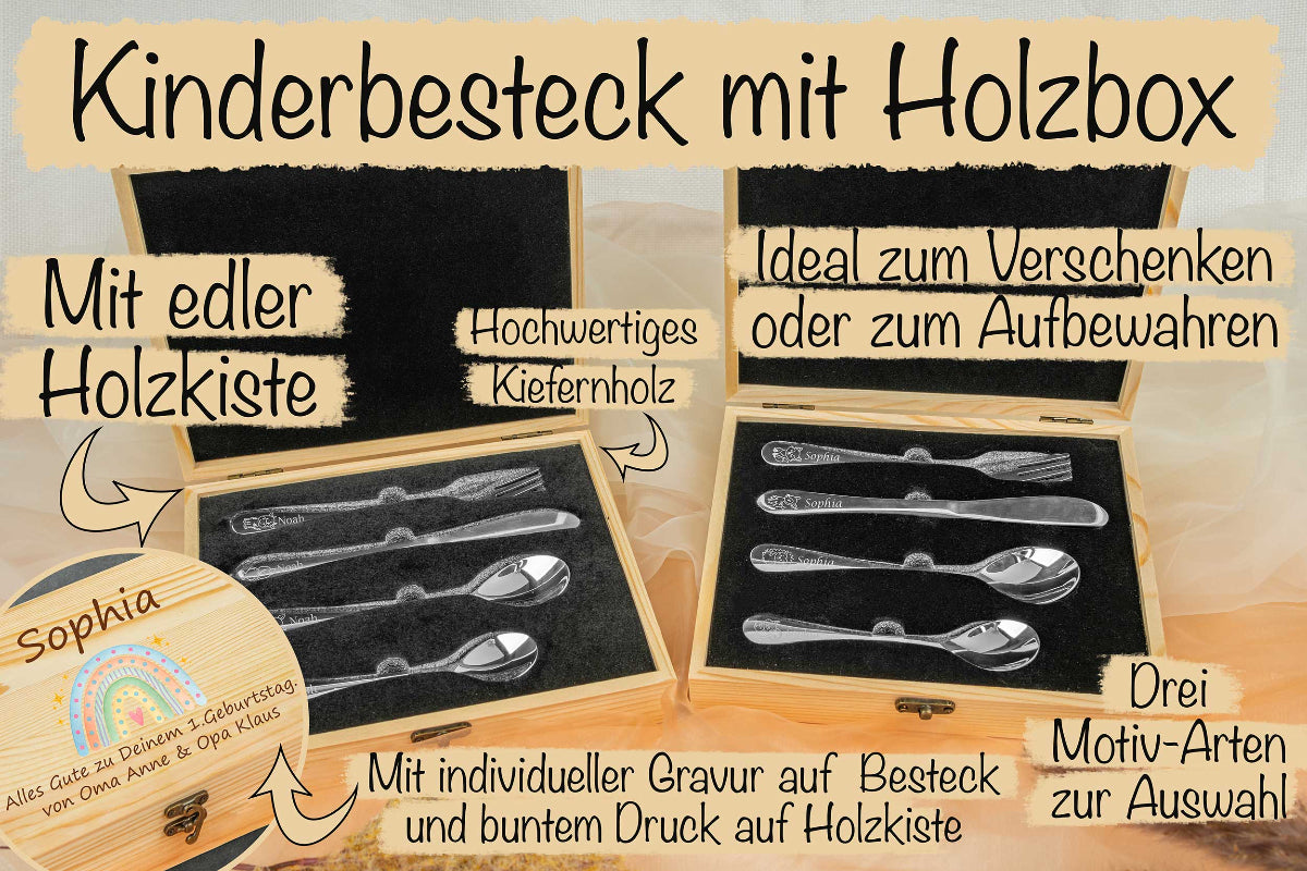 Kinderbesteck personalisiert mit Name und schicker Holzbox bunt