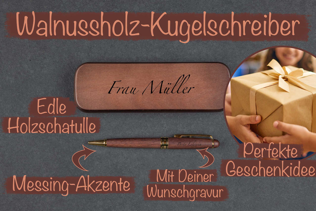 Walnussholz-Kugelschreiber mit Namen personalisiert und passender Holzbox