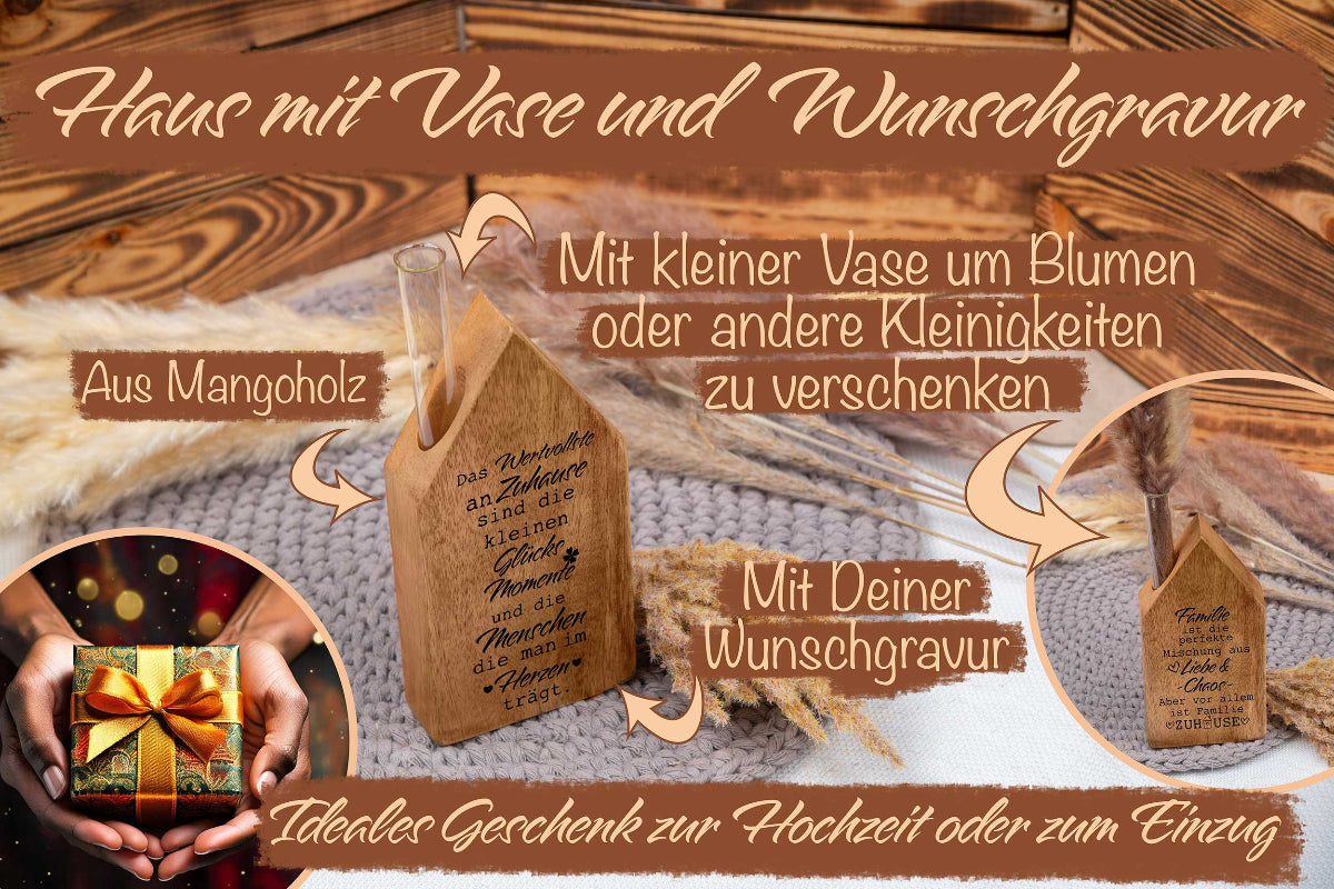 Hochzeitsgeschenk Haus mit Deiner Wunschgravur als Vase personalisiert - Einzugsgeschenk
