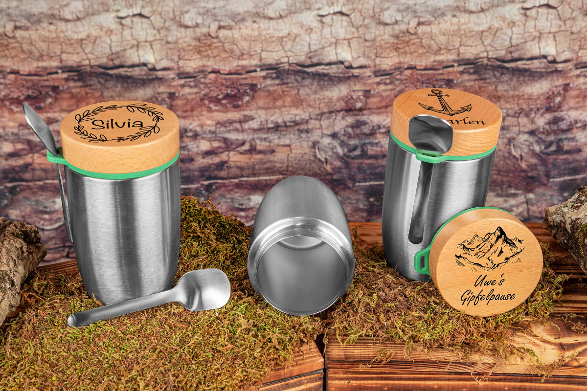 Müslibecher personalisiert mit Buchenholzdeckel - Thermo Brotdose
