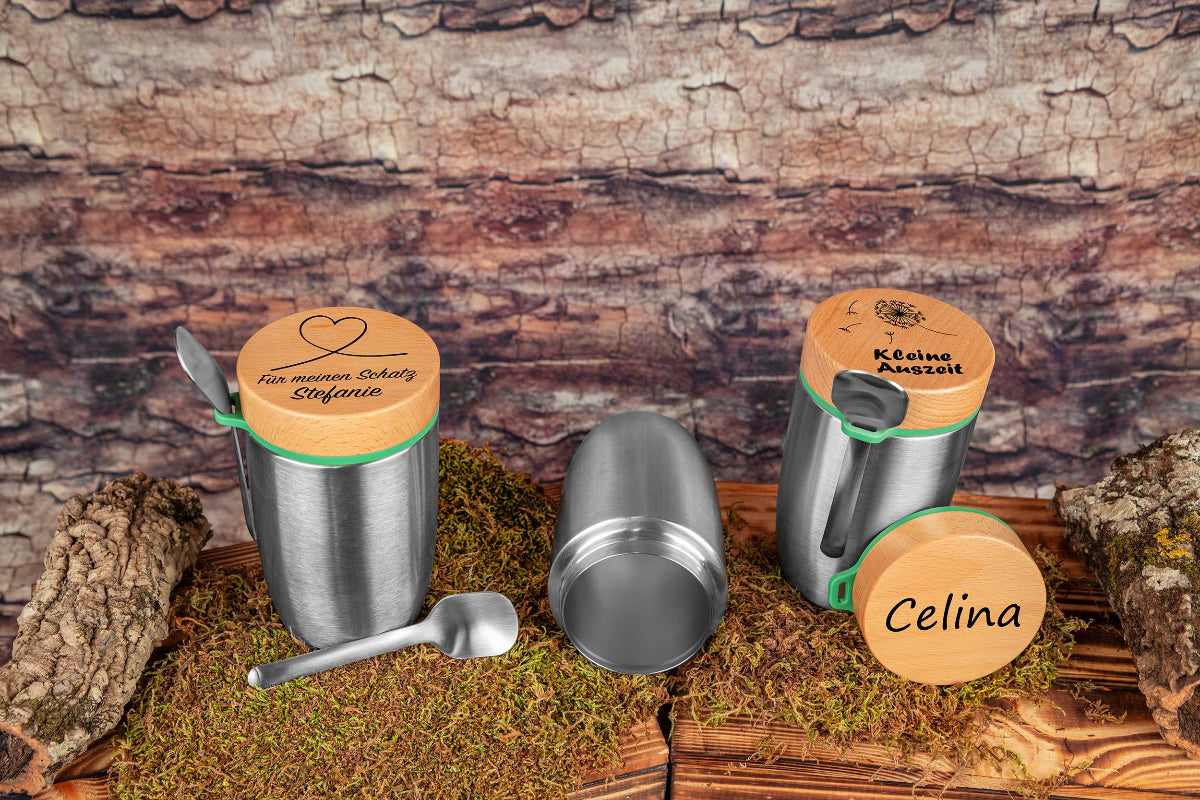 Müslibecher personalisiert mit Buchenholzdeckel - Thermo Brotdose
