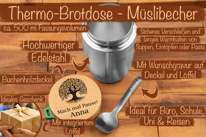 Müslibecher personalisiert mit Buchenholzdeckel - Thermo Brotdose