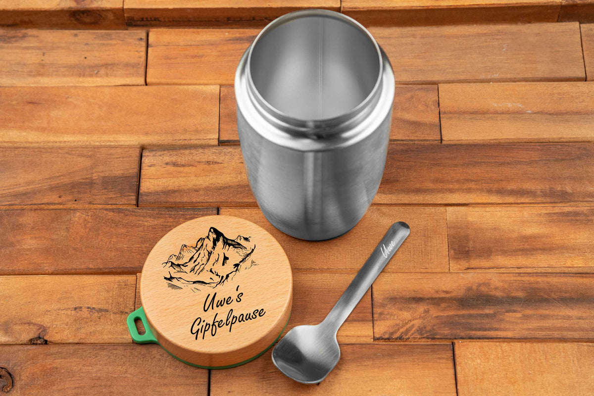 Müslibecher personalisiert mit Buchenholzdeckel - Thermo Brotdose