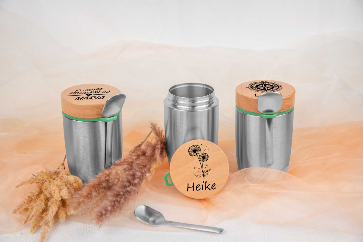 Müslibecher personalisiert mit Buchenholzdeckel - Thermo Brotdose