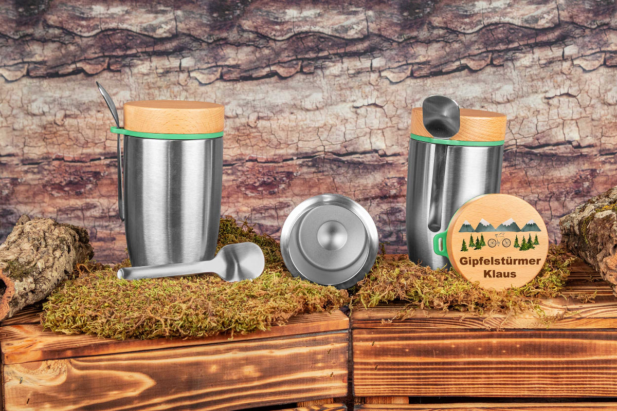 Müslibecher personalisiert mit Buchenholzdeckel - Thermobecher für Essen