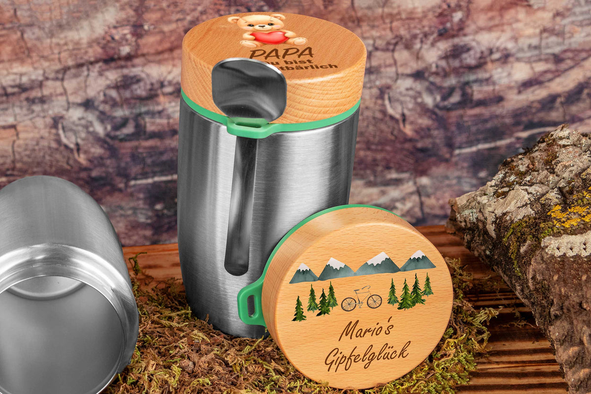 Müslibecher personalisiert mit Buchenholzdeckel • Thermobecher für Ess – diekreativwelt