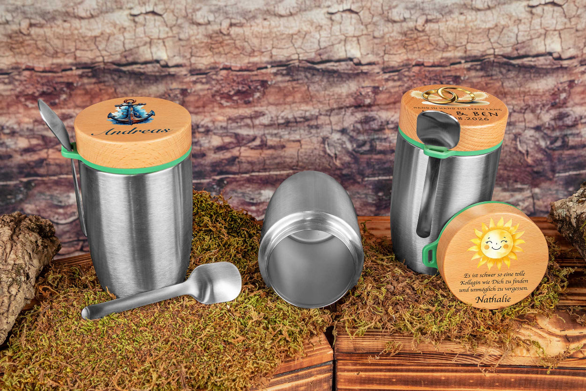 Müslibecher personalisiert mit Buchenholzdeckel - Thermobecher für Essen