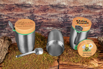 Müslibecher personalisiert mit Buchenholzdeckel - Thermobecher für Essen