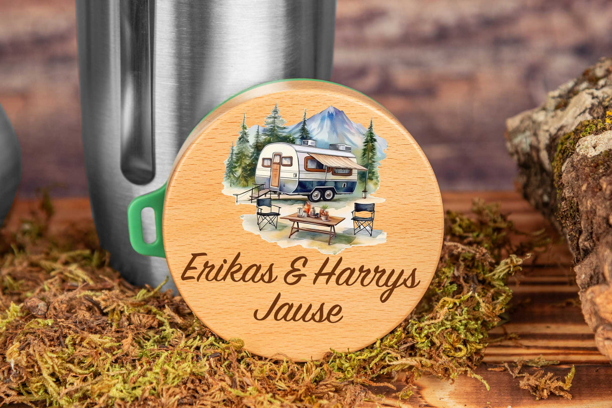 Müslibecher personalisiert mit Buchenholzdeckel - Thermobecher für Essen