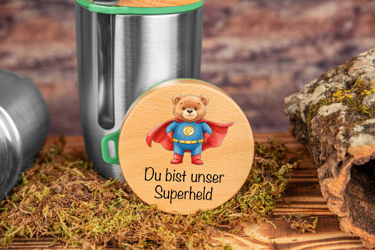 Müslibecher personalisiert mit Buchenholzdeckel - Thermobecher für Essen